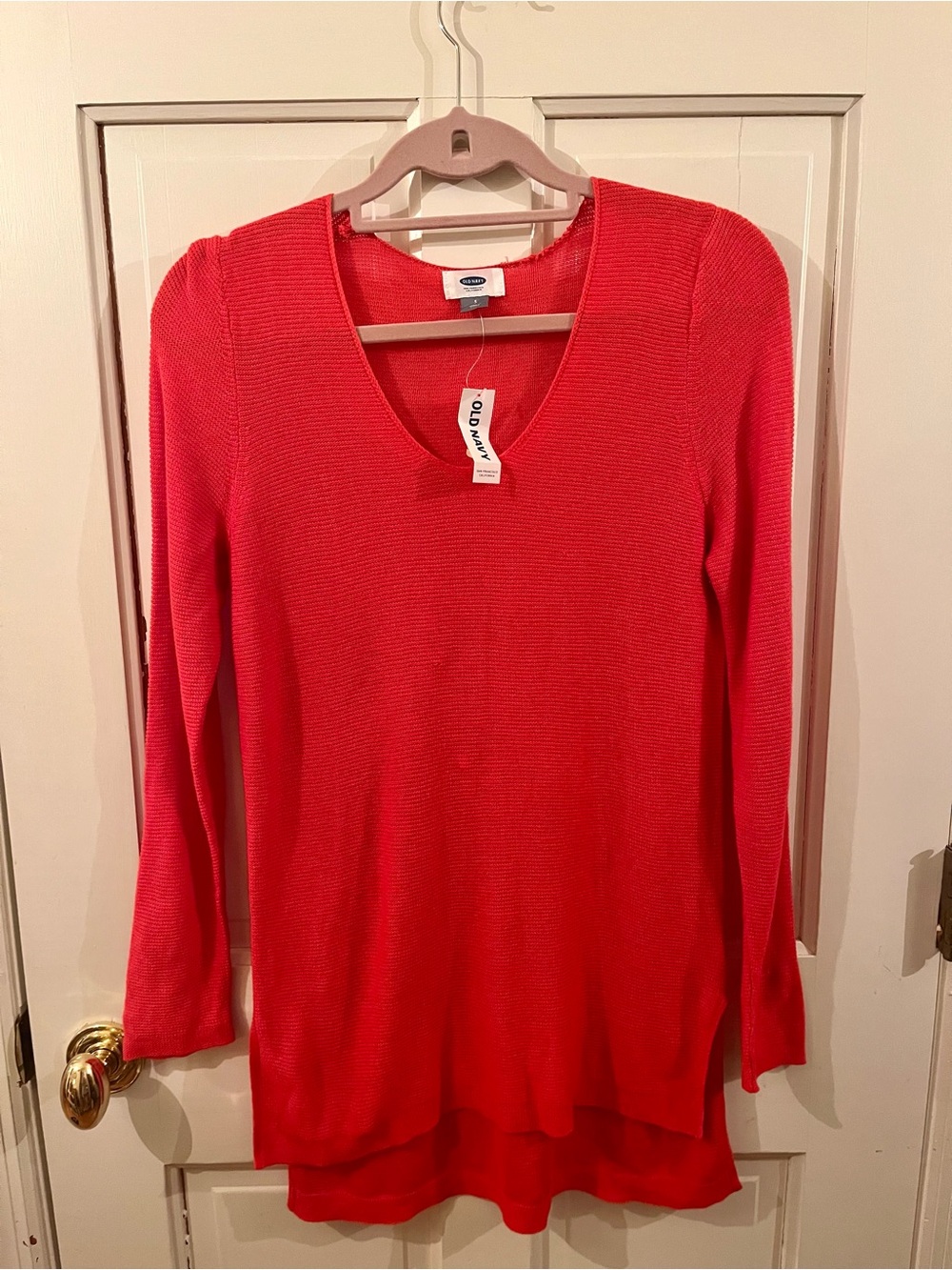 Old Navy Coral-Red V-Neck Layered Hem Tunic Sweater Women’s Small
